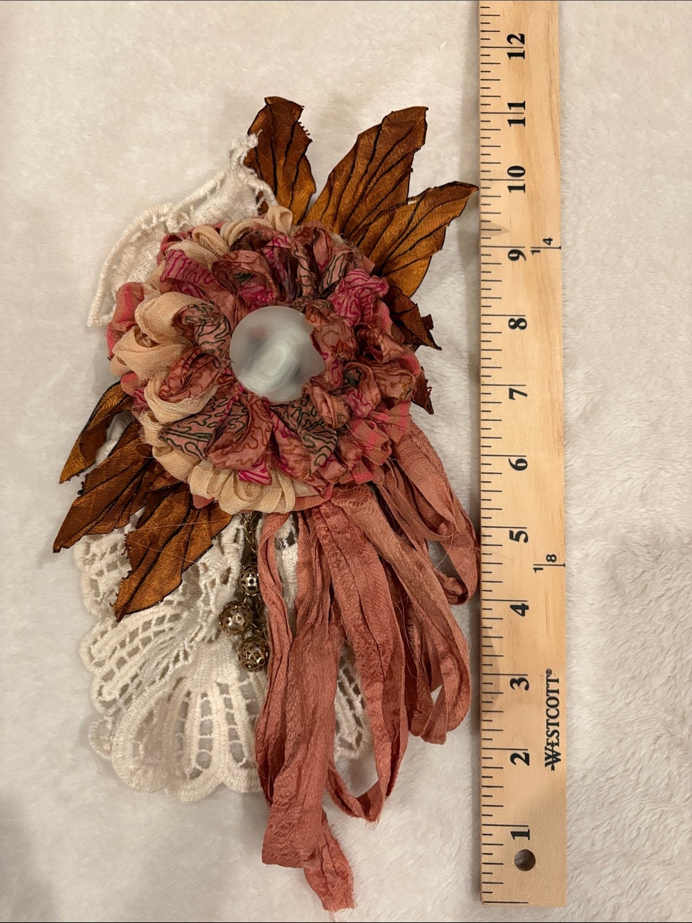 Romantic Pink & Tan Fabric Flower Brooch with Brown Leaf Accents
